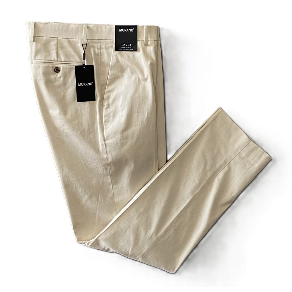 Murano Dress Pants Men's 32x34 Alex Slim Fit Flat Front Solid Cream NEW